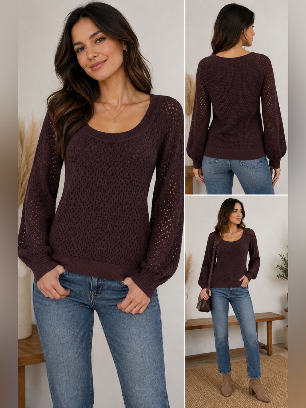 Line dark plum purple mesh knit long sleeve sweater Sz S